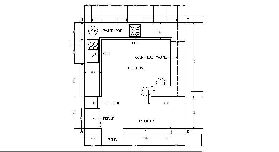 Drawing of Kitchen with detail dimension in dwg file