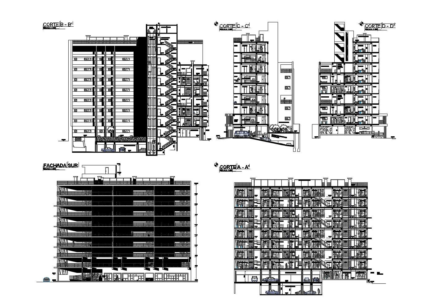 Drawing of a multistorey residential building with elevation and section in dwg file