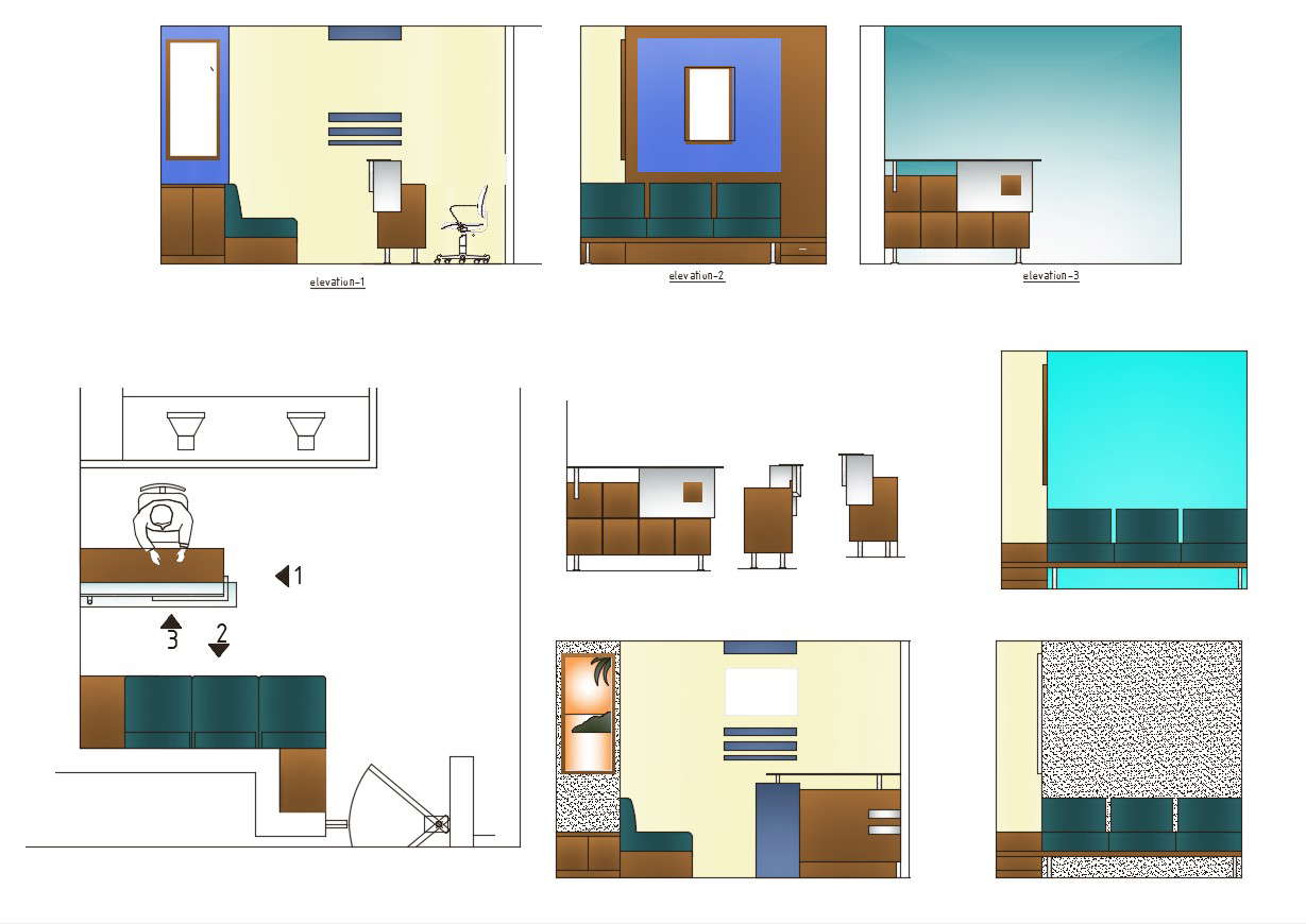 Dwg file of reception area of office with elevations