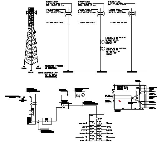 Electric tower installation with cabin and single line diagram dwg file