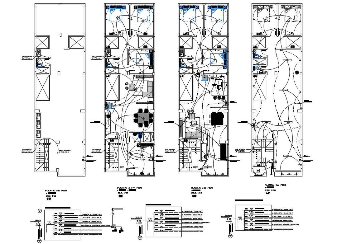 Electrical layout plan details of all floors of four flooring house building dwg file