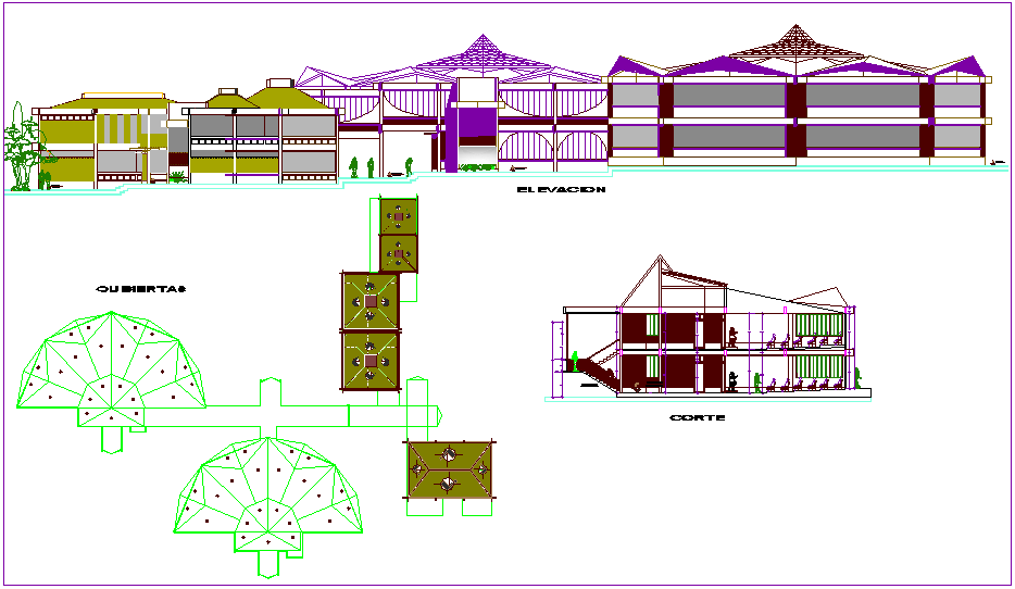 Elevation,section and roof plan of school dwg file 