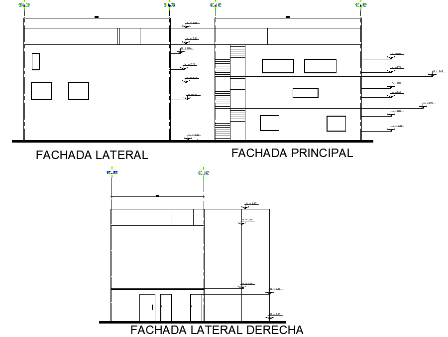 Elevation Building of three levels plan detail dwg file