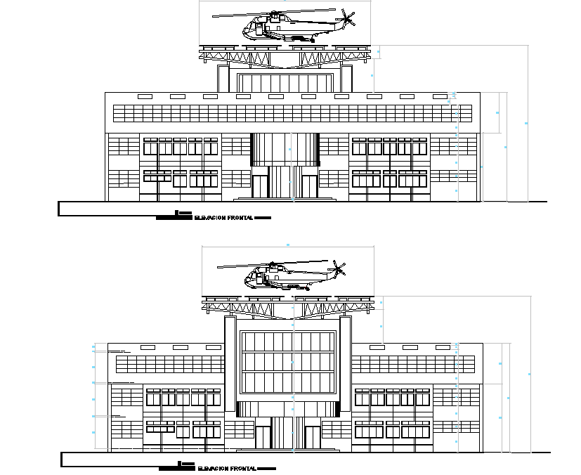 Elevation Institutional building with heliport plan detail dwg file