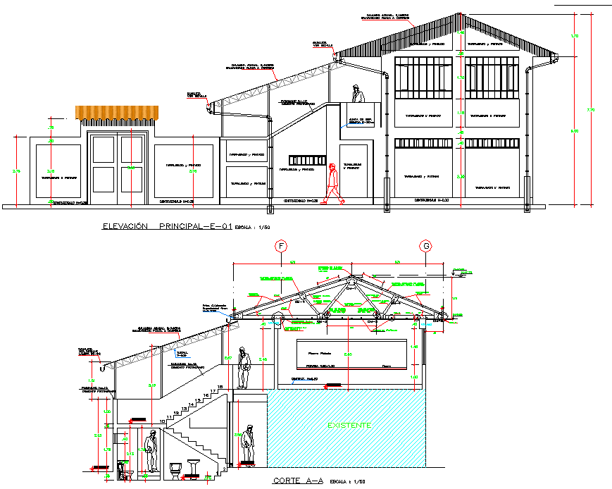 Elevation and Section house plan detail dwg file