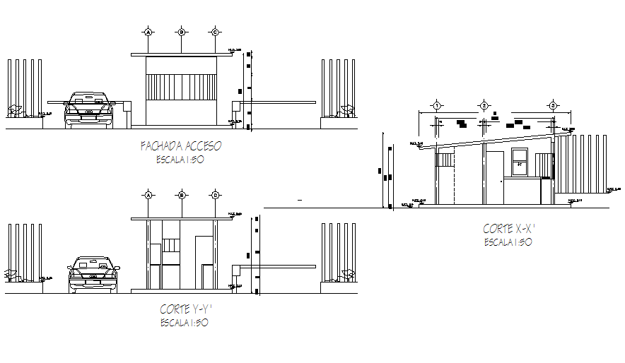 Elevation and section Guard house plan detail dwg file