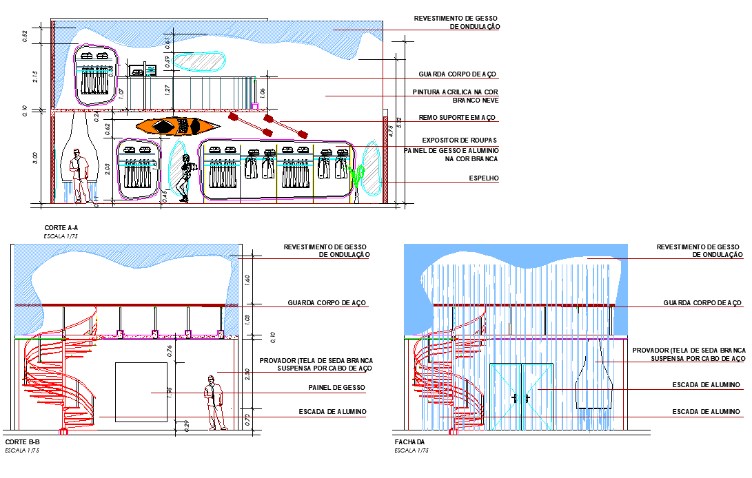Elevation and section Shop sports products detail dwg file