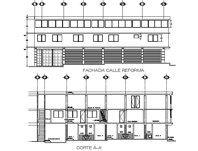 Elevation and section Store house project plan detail dwg file