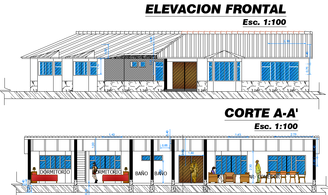 Elevation and section cabin detail dwg file