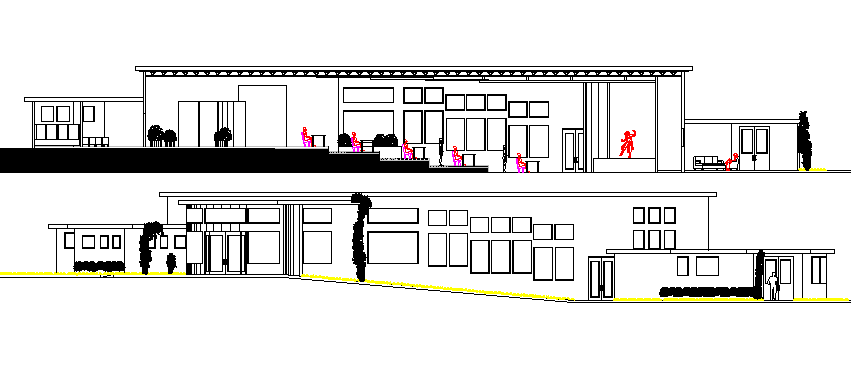 Elevation and section details of Art gallery with theaters and restaurant dwg file