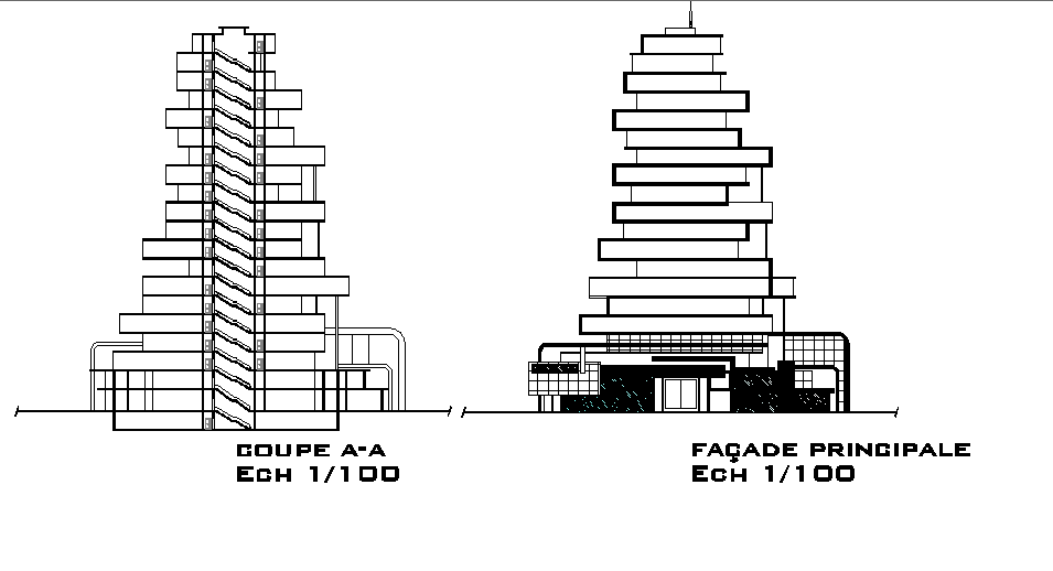 Elevation and section high rise building detail dwg file