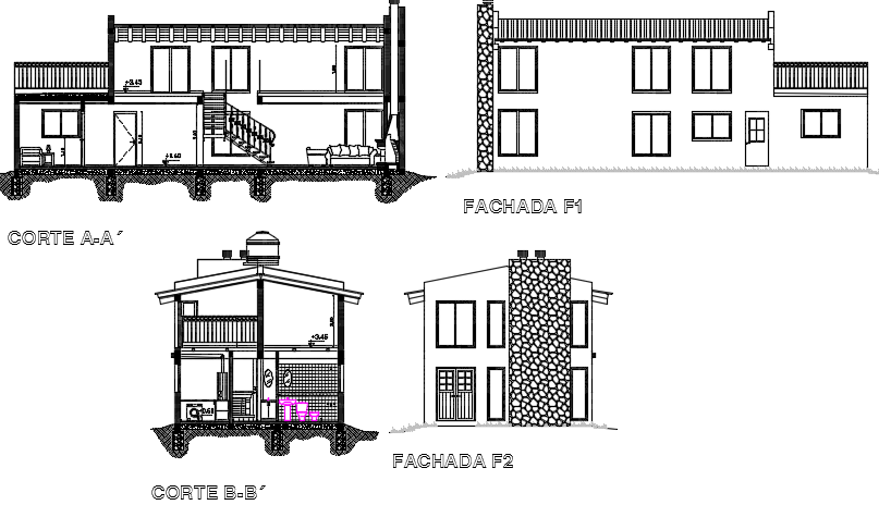 Elevation and section house detail dwg file