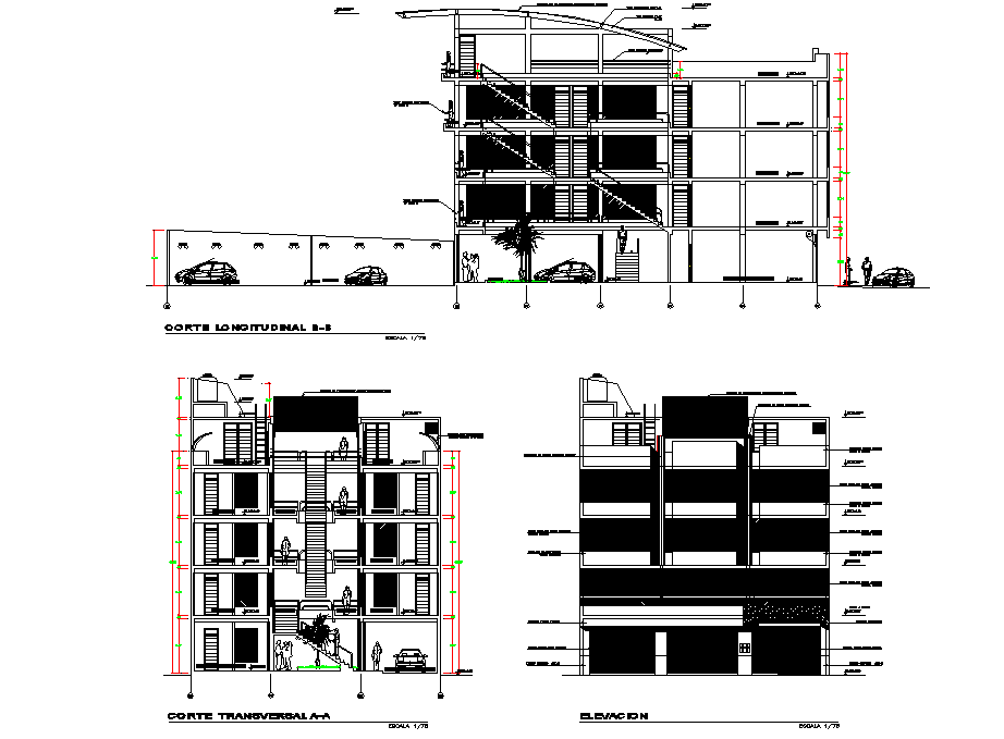 Elevation and section house plan detail dwg file