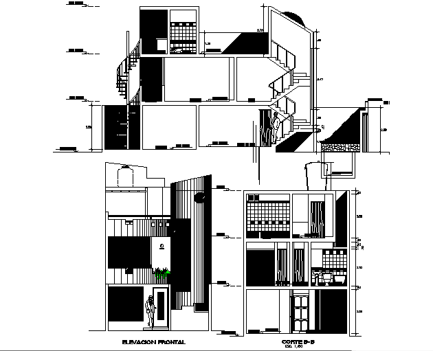 Elevation and section house plan detail dwg file