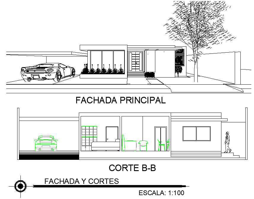 Elevation and section house plan detail dwg file