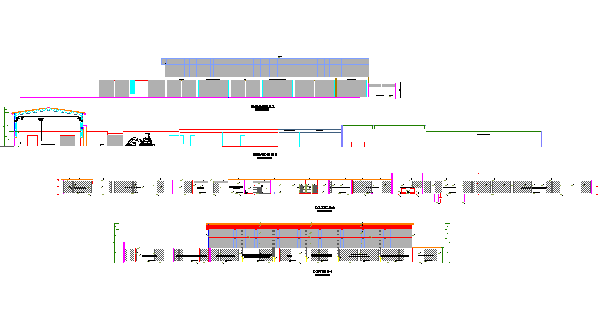 Elevation and section industrial plant detail dwg file