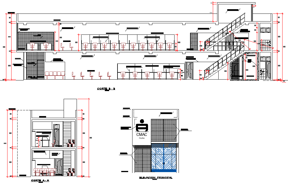 Elevation and section office plan detail