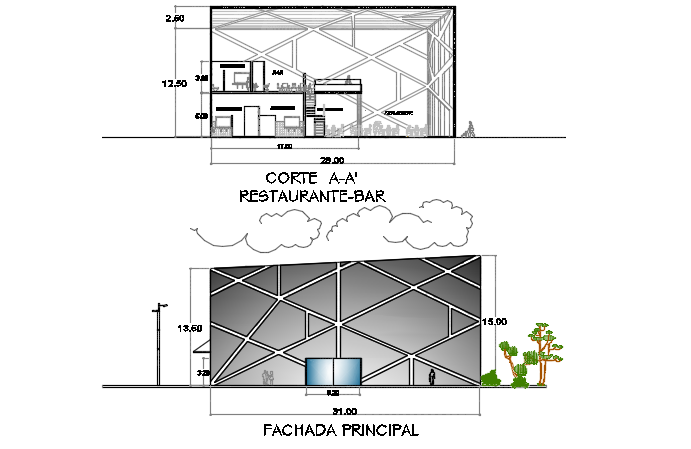Elevation and section rest bar project plan detail dwg file