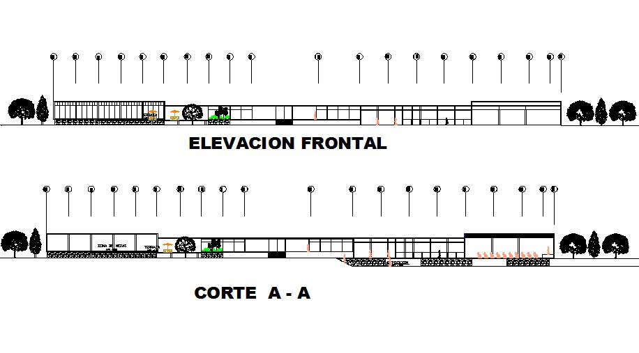 Elevation and section restaurant detail dwg file