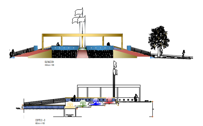 Elevation and section sitting area detail dwg file