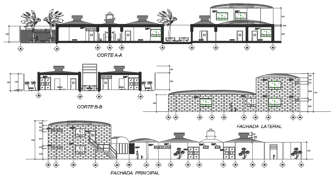 Elevation and section university detail dwg file