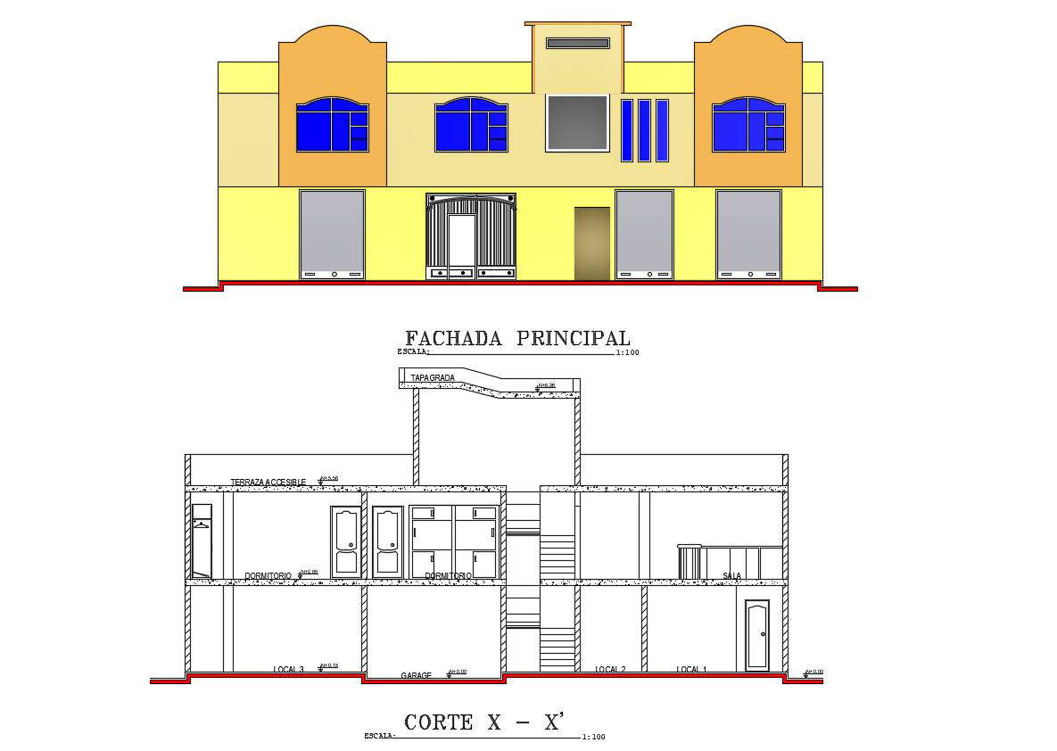 Elevation and section view for housing building dwg file