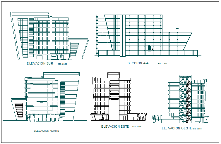 Elevation and section view of building dwg file
