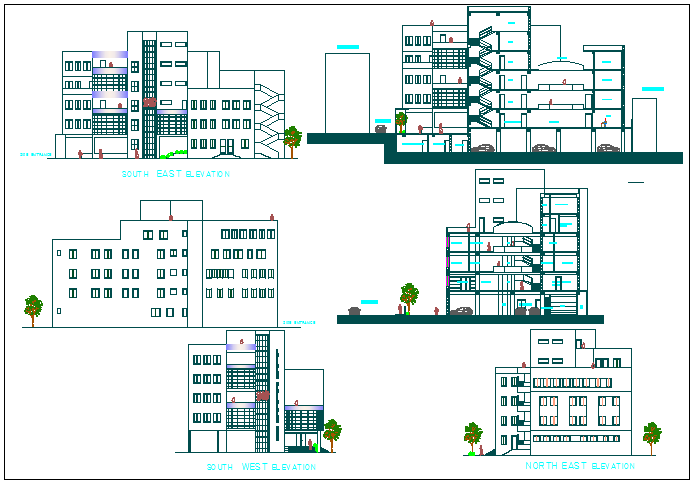 Elevation and section view of building dwg file