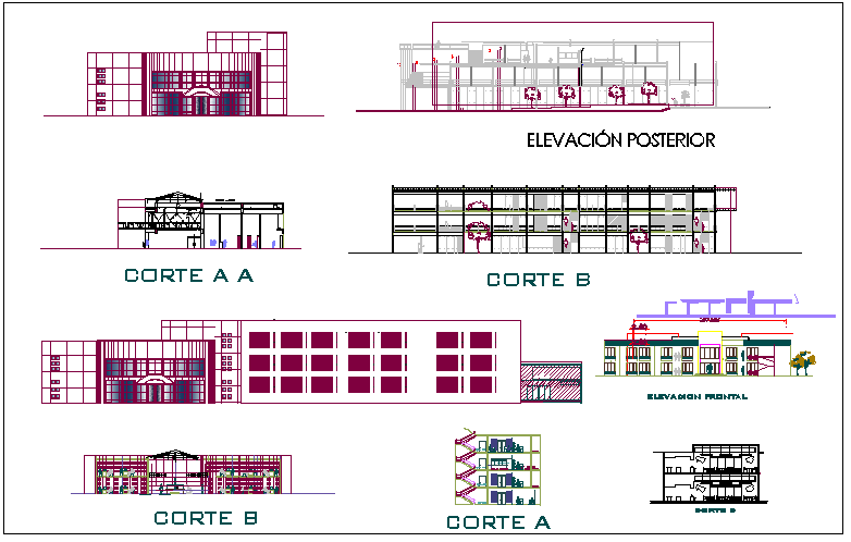 Elevation and section view of government building dwg file