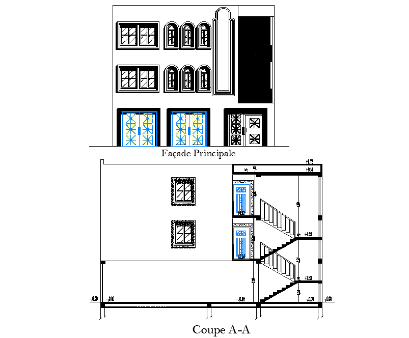 Elevation and section villa plan layout file