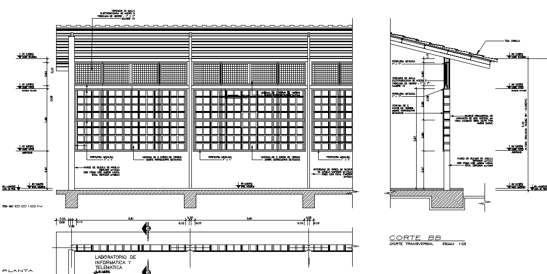 Elevation and section wall detail dwg file