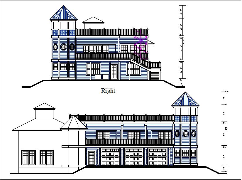 Elevation and side elevation view of House detail dwg file