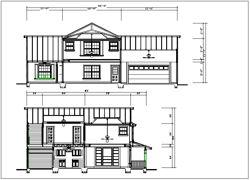 Elevation and side elevation view of bungalow detail dwg file