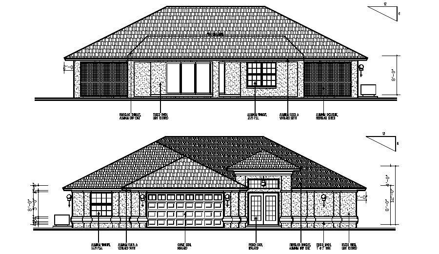 Elevation drawing of the residential bungalow in dwg file