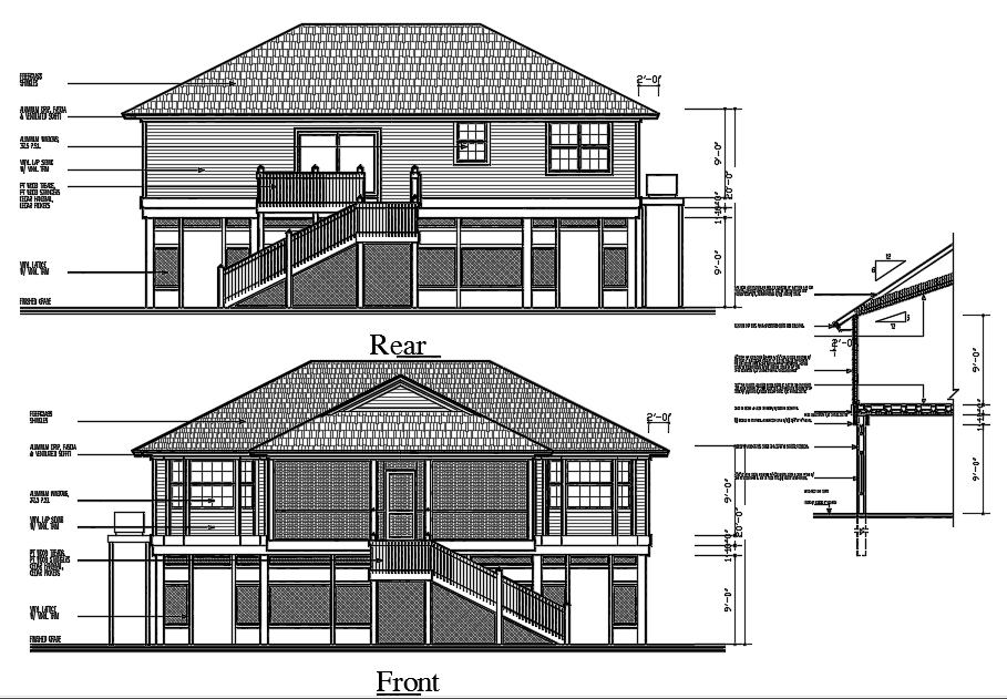 Elevation of a  bungalow dwg file