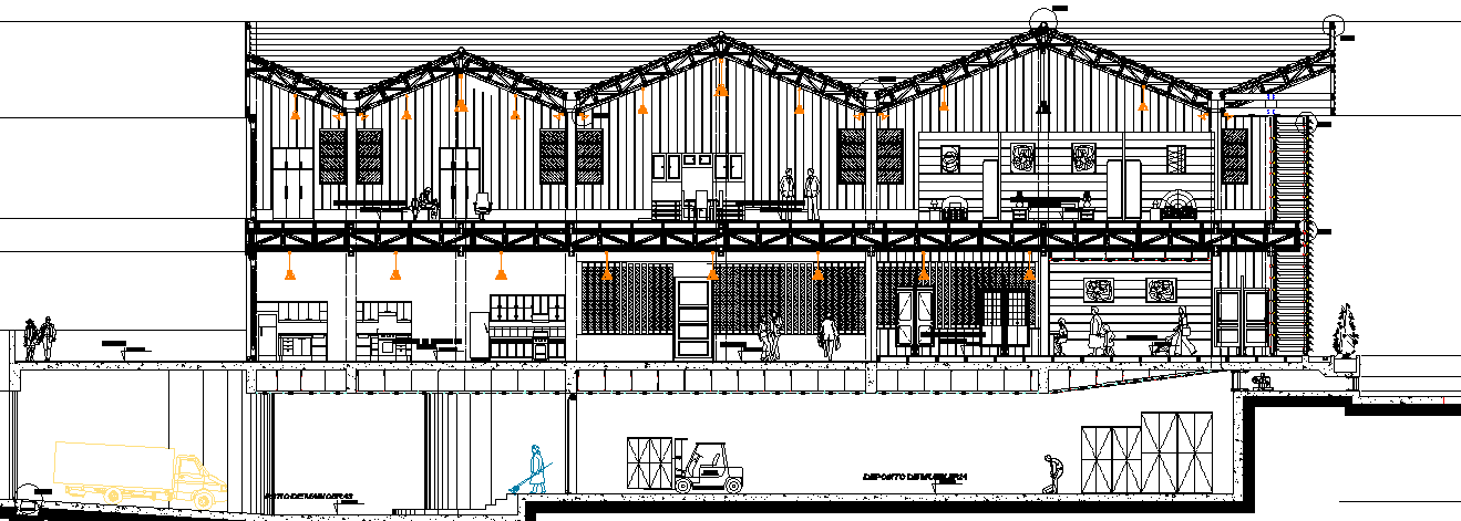 Elevation of a big showroom and complex dwg file