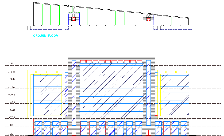 Elevation of a building and sectional details dwg file