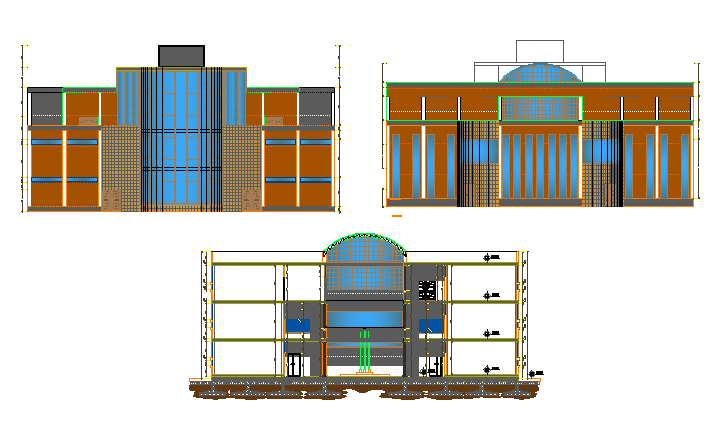 Elevation of a medical university building dwg file