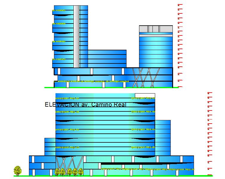 Elevation of a modern hotel dwg file