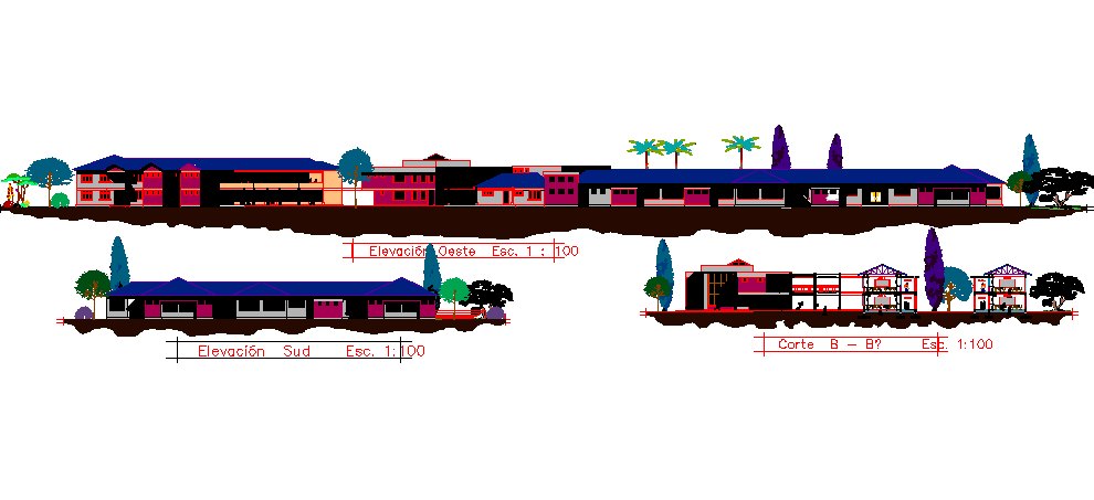 Elevation of a school dwg file