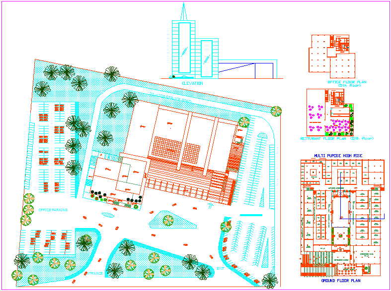 Elevation of office tower with landscape view