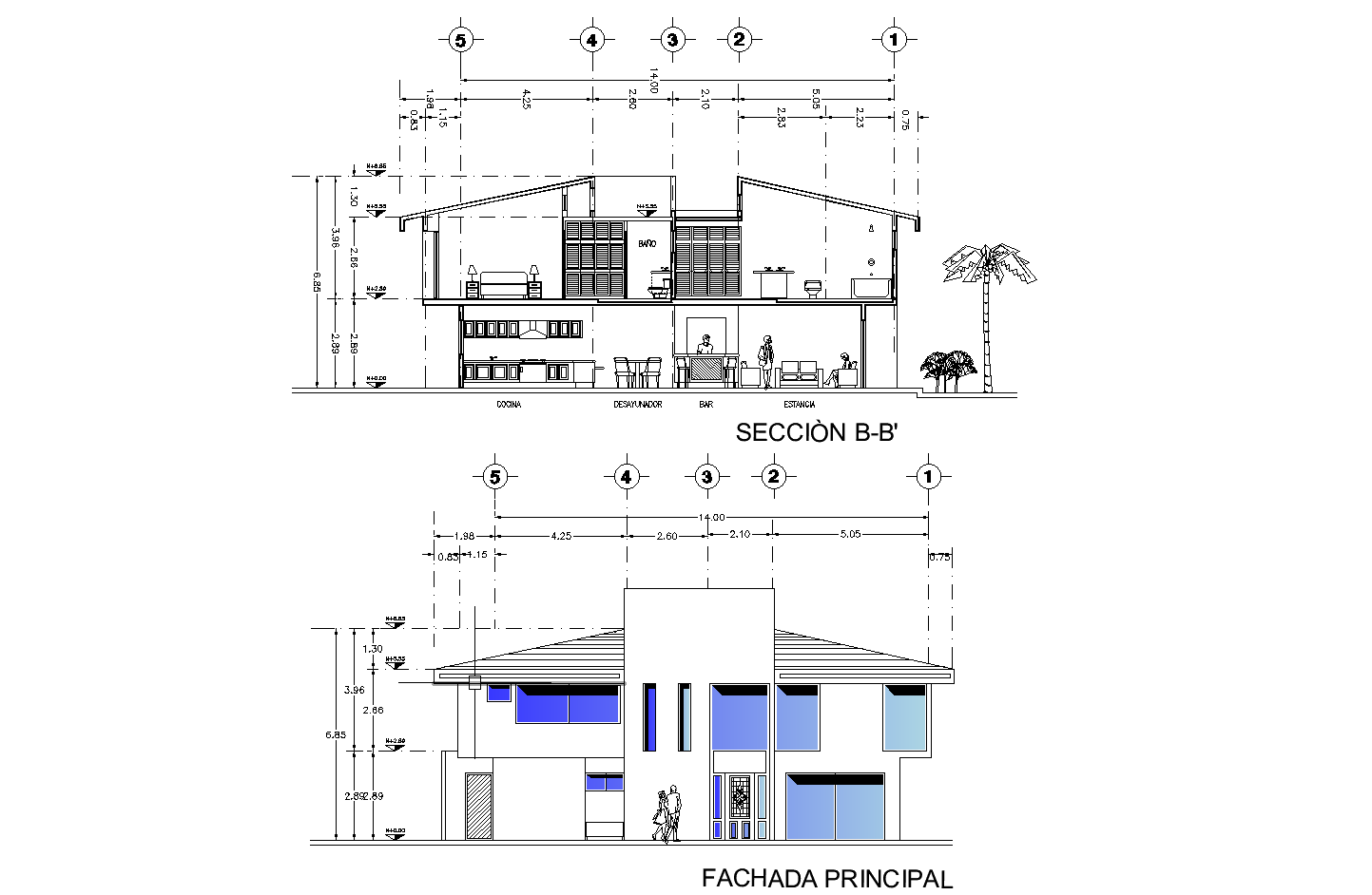 Elevation of one house plan detail dwg file,