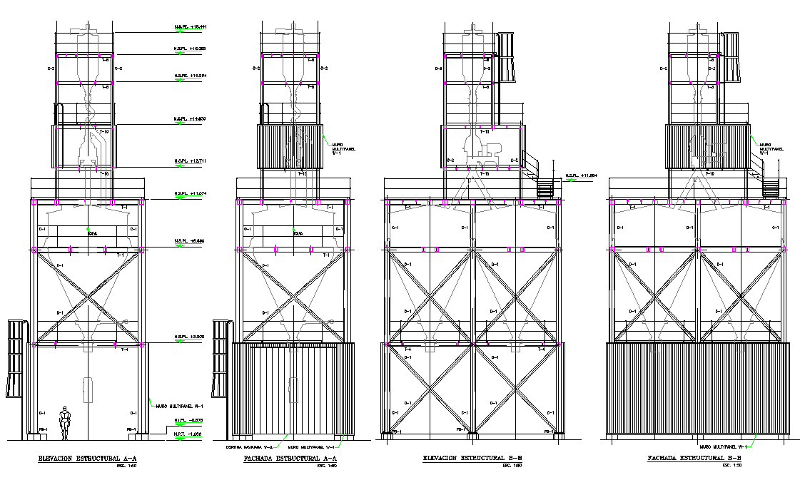 Elevation tower for trash detail dwg file