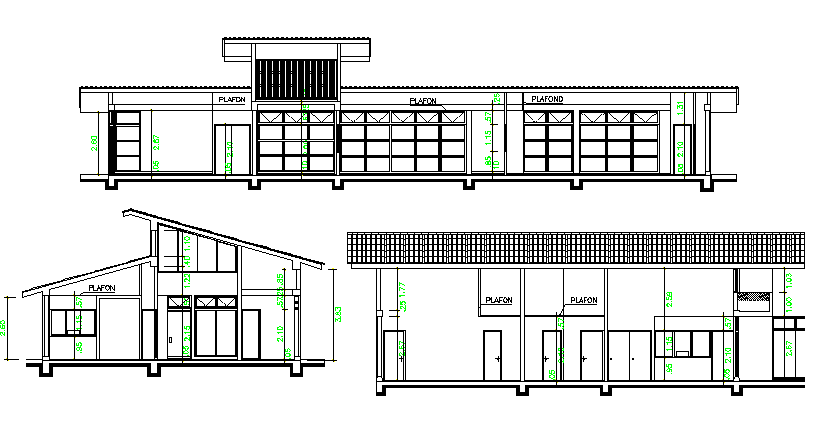 Elevation with side sectional view of corporate office dwg file