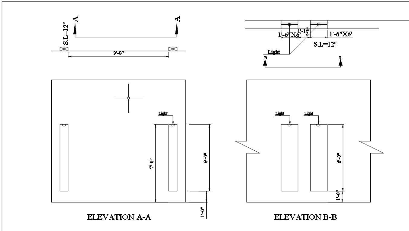 Elevation A-A and B-B of the ceiling with lighting details in AutoCAD 2D drawing, CAD file, dwg file