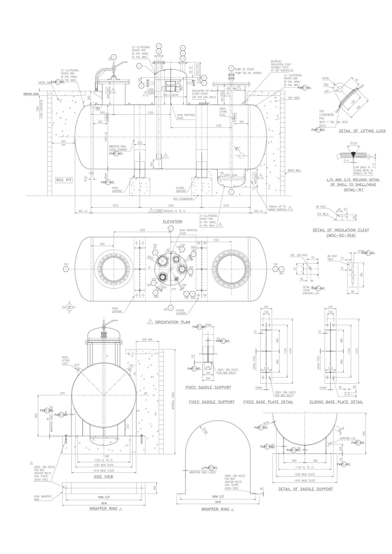 Elevation and Orientation plan of Wrapper Ring and detail of Saddle support DWG AutoCAD file