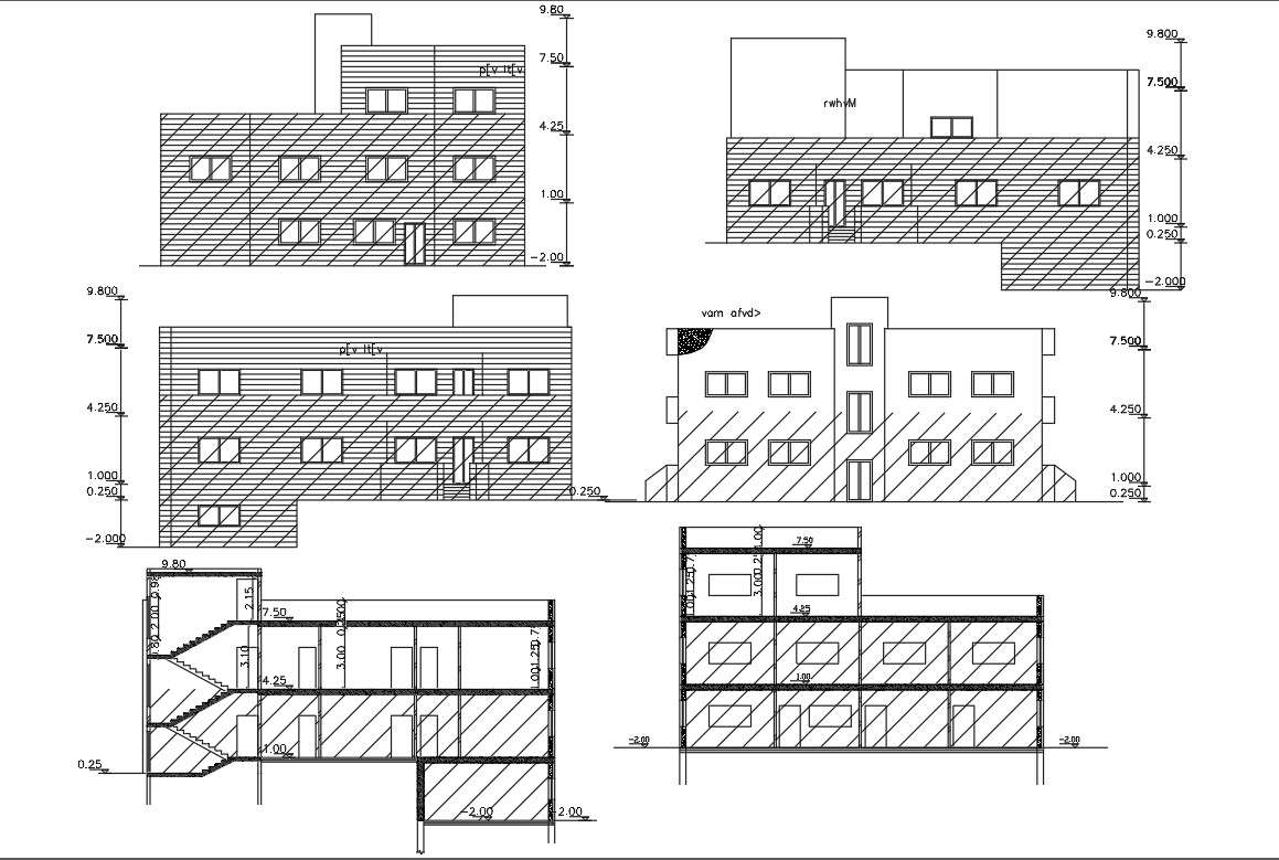 Elevations And Sections Residential House AutoCAD File 