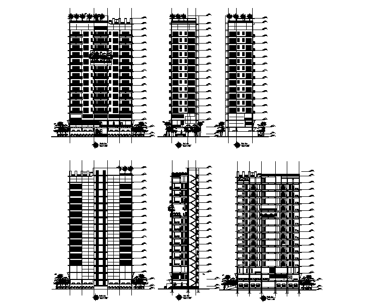 Elevations And Sections Of 31x12 Meter Apartment DWG File