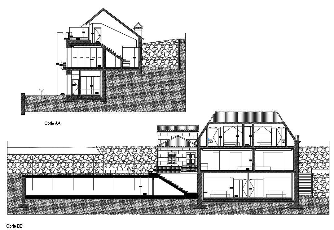 Files shows the section of house model in the autocad 2D DWG drawing file.  Download the DWG drawing file.