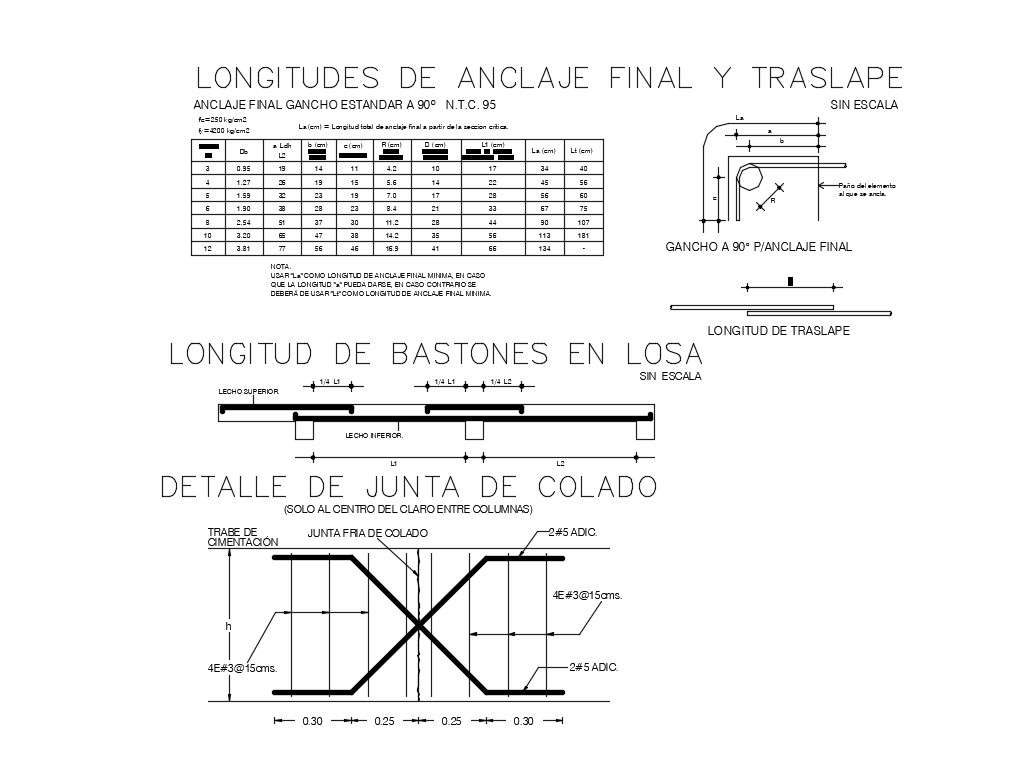 Final anchoring, translation lengths and standard hook cad structure details dwg file 